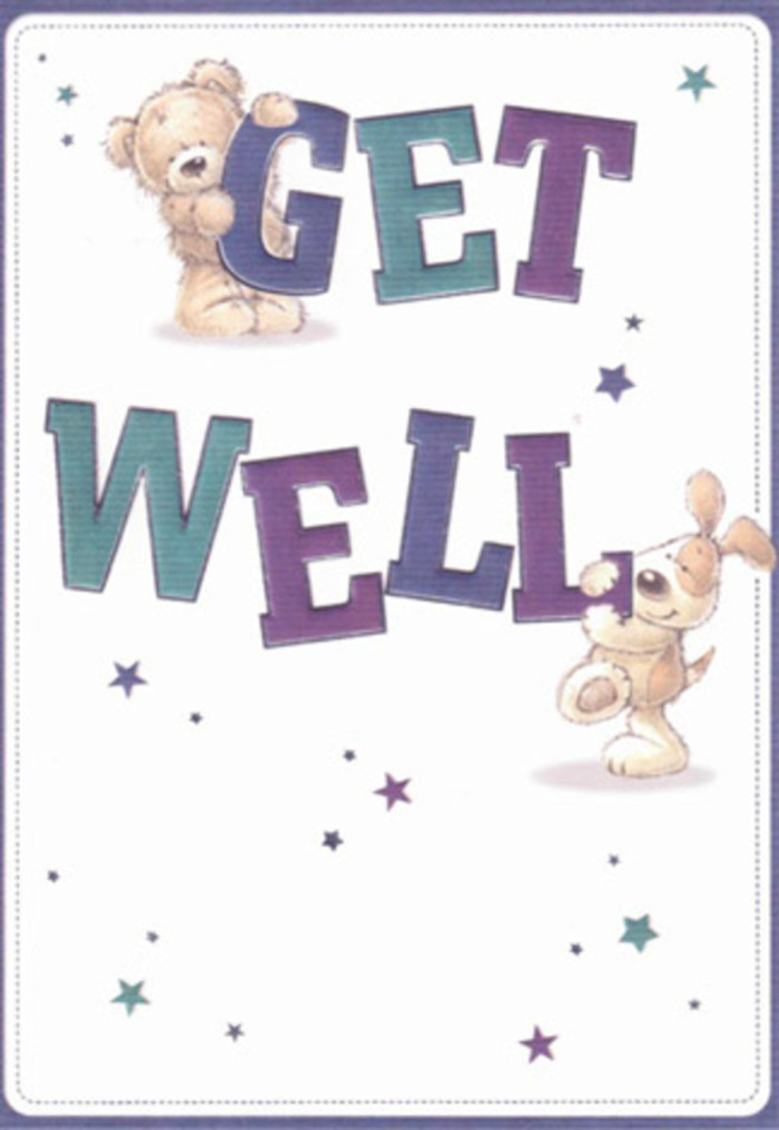 This charming get well card illustration captures the tender, childlike comfort that so many people in Paddington love to send alongside a modest bouquet. At the centre of the design, the phrase Get Well is written in large, rounded letters that feel friendly and approachable, shaded in layers of deep purple, teal, and indigo that give a soft three-dimensional effect, as if carved from smooth, painted wood. Perched atop the word GET is a cuddly teddy bear in warm toffee and honey tones, arms draped over the letters, its stitched-style features and slightly tilted head suggesting both playfulness and concern. Nearby, a floppy-eared puppy presses close to the word WELL, paws braced against the curves of the letters, with expressive eyes and a wagging tail that seem to say, I'm here with you until you feel better. Around the characters, clusters of starbursts and tiny stars scatter in rings and arcs, coloured in luminous blues, soft violets, and aquas, like hopeful fireflies dotting a clear evening sky above Paddington Green. The clean white background amplifies this gentle brightness, creating a sense of fresh air and clarity-much like opening a window in a recovery room and placing a simple, fragrant arrangement of white freesias and pale lilac blooms nearby. You can almost feel the textures: the teddy's fluffy fur rendered in fine strokes, the puppy's velvety coat, and the smooth, glossy finish of the illustrated letters. The overall mood is one of encouragement and quiet cheer, a playful yet sincere visual message that would sit beautifully beside a get well bouquet delivered anywhere from Sussex Gardens to the mews off Praed Street.