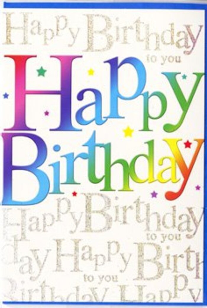 In the image, a birthday card stands upright, its front a carefully orchestrated celebration of colour and light that would pair beautifully with a fresh bouquet arranged just off Praed Street. The central focus is the large, friendly phrase Happy Birthday, with each letter as tall and generous as a sign above a party table. Rather than being one solid colour, the letters glide through a full spectrum: deep wine red gradually softens into orange sherbet, then bright lemon yellow, shifting onward into leafy green, cool lagoon blue, and finally into rich indigo and violet. The transitions are smooth and almost velvety, suggesting a design created with layered inks or digital gradients that mimic hand-applied pigment. A gentle shine along the edges of the type gives the impression of a slightly raised or glossy finish, inviting the fingertips to trace the words. Behind this vivid message, the background is a soft ivory canvas overlaid with delicate gold cursive that repeats Happy Birthday to you in horizontal lines, like musical staff lines of birthday wishes. The script is tiny but legible, its fine curls and loops evoking the care of a handwritten note. The gold ink glows subtly when light falls across it, more of a refined shimmer than an intense sparkle, providing a sophisticated counterpoint to the playful rainbow lettering. Scattered stars and confetti-like dots punctuate the space, adding pops of extra colour. The overall effect is joyful yet polished, the kind of card you might choose at Florist Paddington to accompany same-day flower delivery to a birthday gathering near Hyde Park, a flat overlooking the Grand Union Canal, or a cosy home on one of Paddington's tree-lined streets.