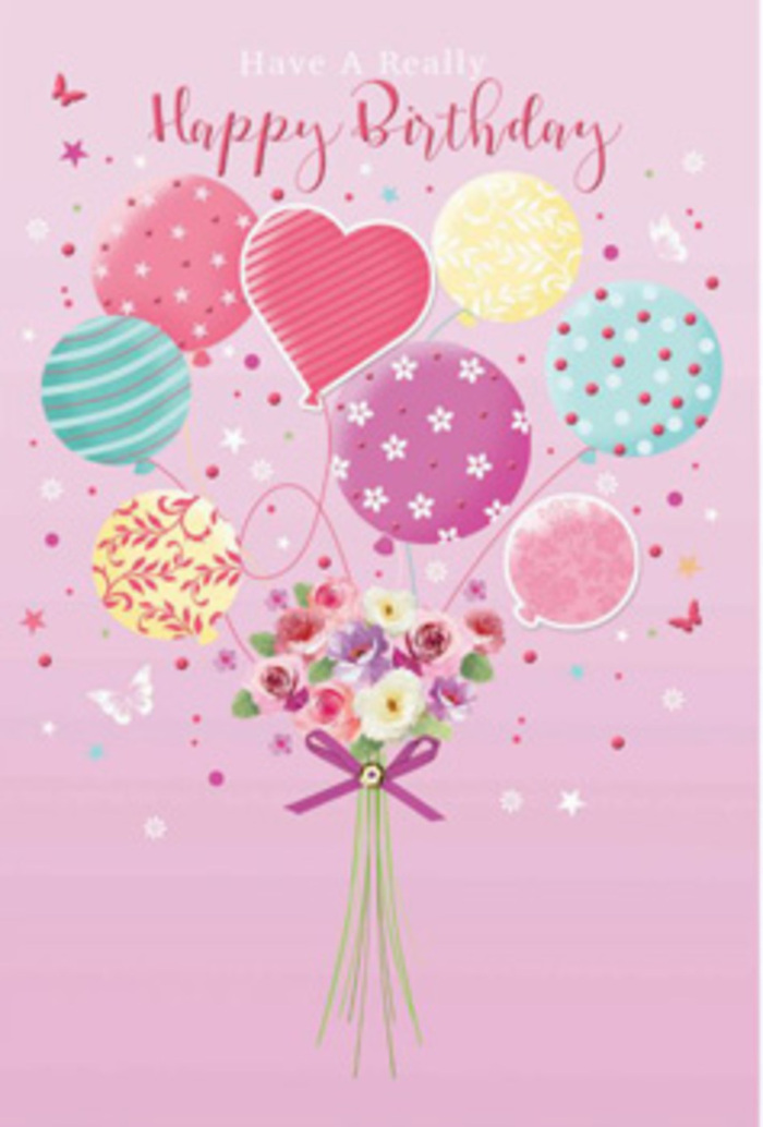 There is a feeling of gentle jubilation in this birthday artwork, as if the air above Paddington's leafy squares were filled with pastel balloons and fragrant petals. The composition unfolds on a soft pink background, reminiscent of evening light reflecting off the buildings near Paddington Basin, and from this tranquil canvas a cluster of balloons appears to float upward in celebration. Each balloon is decorated with its own playful design: ribbons that curve and twirl, candy-coloured stripes, cheerful polka dots, and delicate floral details. The hues range from warm sunshine yellow and rosy fuchsia to serene lavender, sea green, and blush, creating a lively yet soothing harmony. Suspended beneath this airy bouquet is a hand-tied collection of petite roses and daisy-like flowers, their petals shaded from cream at the edges to a gentle rose tone at the heart, as if they have been warmed by morning sun streaming through a Paddington window. The arrangement feels both compact and abundant, with each bloom nestled closely to the next, suggesting closeness and affection. A shimmering purple bow holds the stems together, its satin loops and tails providing a polished finishing touch. Around the main motif, whimsical butterflies and scattered stars drift lightly, adding a daydream quality that recalls childhood birthday memories. The overall impression is one of tender celebration: a birthday greeting that doesn't shout, but instead softly whispers happiness and care, much like a bouquet hand-delivered to a doorstep near Praed Street or along Westbourne Grove, crafted by a florist who knows the neighbourhood and its moments of quiet joy.