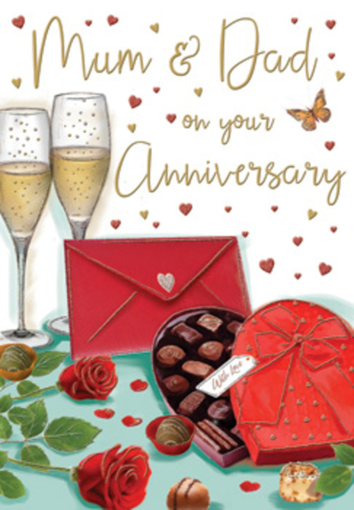 In this evocative anniversary card illustration, the artist has created a romantic composition that feels perfectly at home in Paddington, capturing the kind of elegant celebration a couple might enjoy after returning from a walk by the canal at Little Venice. At the centre of the scene, two tall champagne flutes stand close together, rendered with fine lines that show the thin stems, flared bases, and softly curved bowls. Inside, pale golden champagne glows with a subtle inner light, animated by tiny bubbles rising steadily to the surface, suggesting an imminent clink of glasses for Mum and Dad. Just below the flutes, a heart-shaped box of chocolates forms the focal point of the lower half of the image. Its rich red casing is topped with a wide satin bow, shaded to reveal gentle folds and a slight sheen, evoking a smooth, luxurious feel. The lid is propped open, displaying an assortment of chocolates arranged in a neat pattern, each one carefully shaded in warm browns and glossy dark tones, so you can almost imagine their creamy centres. To one side, two classic red roses are laid on the tabletop, nestled among fresh green foliage. Their petals are drawn with close attention to detail, swirling inward in rich crimson layers, much like the premium roses a local florist in Paddington would choose for anniversary flower delivery to nearby streets around Westbourne Terrace. A few pieces of chocolate are scattered casually nearby, adding a relaxed touch. Across the background, tiny gold and crimson hearts float gently around a hand-lettered Mum & Dad greeting in an expressive, playful script. A scarlet envelope, neatly sealed and slightly tilted, rests near the roses, hinting at a heartfelt, handwritten message inside. The scene is softly illuminated, with a warm, even glow that wraps every element in a sense of comfort, gratitude, and enduring family love.