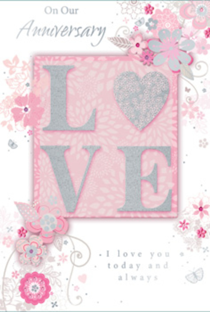 In this image, an anniversary card is displayed as though resting on a tidy Paddington windowsill, bathed in gentle, natural light. At the heart of the design, the word LOVE appears in elegant, raised lettering, the tops of the letters dusted with frosted glitter that feels velvety and slightly textured to the touch. When light moves across the surface, the glitter responds with a soft, pearly shimmer, never harsh, like the filtered light that falls through tall townhouse windows near Lancaster Gate. The central word sits within a faintly defined blush-pink panel, which subtly separates it from the surrounding design. Around this focal point, wispy, hand-drawn flowers and sprays of foliage drift along the edges and partially frame the text. Their petals are shaded in mellow tones of pink, lilac, and creamy ivory, interspersed with delicate silver-grey outlines that lend structure without overpowering the pastel softness. Thin filigree scrolls and dainty leaves loop and curl between the blooms, creating a sense of graceful movement, as though the flowers are gently swaying in a light breeze sweeping up from Paddington Basin. If you look closely, tiny butterflies are tucked among the flowers, barely-there shapes suggested with the lightest touch of grey and white, symbolising subtle flutters of affection. Beneath or alongside the floral motif, the message I love you today and always appears in understated, graceful type, inviting a reflective pause. The card feels like a hand-tied bouquet translated into paper-a perfect companion to an anniversary arrangement delivered across Paddington by a local florist, capturing gratitude, constancy, and the gentle unfolding of love over time.