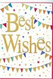 The card in the image radiates a sense of happy occasion, much like the feel of Paddington's streets when they're dressed with bunting for a community celebration. At its centre, the phrase Best Wishes is written in a graceful golden script, the letters gently raised and coated in fine glitter that catches the light with a subtle sparkle. Against the smooth white background, the gold lettering stands out clearly, offering a warm, elegant focal point. Draped above and below the words are strings of colourful bunting, curving across the card in easy, festive sweeps reminiscent of flags hung between buildings near Praed Street during special events. Each tiny triangular pennant is painted in bright, cheerful colours-bold blues, lively reds, rich greens, sunshine yellows, and touches of pink and orange. Some flags carry a hint of shimmer or patterning, which adds texture and visual interest to the neat rows. Around the bunting and inscription, a scattering of miniature stars and small, round confetti-like dots dance across the white space, as if captured mid-air just after a handful of confetti has been thrown in celebration. These colourful specks lend the design a sense of liveliness and motion, keeping it playful yet still refined. The overall mood is one of encouragement and joy, making the card a perfect companion to a bouquet delivered anywhere in W2-whether you're congratulating someone on a new job, a milestone birthday, exam results, or a new home. It offers a polished yet heartfelt way to say well done and good luck in one golden, sparkling message.