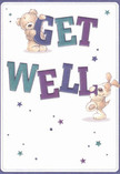 A whimsical illustrated get well card shows two friendly characters-a soft, honey-brown teddy bear and a floppy-eared puppy-working together to share a cheerful message. The bear clings playfully to the top of the large word GET, its rounded paws and stitched muzzle giving a plush, comforting feel, while the puppy leans against the bold WELL, tail lifted and ears flopping as if mid-wag. The letters themselves are big and bouncy, shaded in rich indigo, teal, and deep purple tones that create a gentle 3-D effect, almost like hand-painted wooden blocks. Scattered all around are starbursts and tiny twinkling stars in shades of blue, violet, and aqua, like hopeful sparks drifting through the air over a clean cream-white background. The scene feels as light and refreshing as a slow walk along the Grand Union Canal in Paddington on a bright morning, the air cool and calming. You can almost imagine this card propped beside a small bedside bouquet-perhaps pale yellow roses and white lisianthus-to echo its softness and positivity. The bear's fur is illustrated with delicate strokes that suggest fluff you could sink your fingers into, while the puppy's coat and velvety ears seem made for a reassuring cuddle. Together, they turn a simple Get Well into a little celebration of care, perfect for lifting the spirits of someone recovering at home or in hospital near St Mary's, with all the quiet tenderness of a thoughtfully chosen floral gift delivered just when it's needed most.