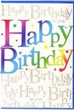 The birthday card in this image radiates a sense of cheerful celebration, the design as lively as the flow of people and colours around Paddington Station. Across the centre, the phrase Happy Birthday is displayed in large, clean letters, each one stepping through the colours of the rainbow. The sequence begins with bold reds and warm oranges, glows into golden yellow, then refreshes into shades of green before fading into clear sky blue and deeper royal blue, finally resting in a rich purple. The colours blend seamlessly from one to the next, so the greeting feels like a single ribbon of colour curling across the card. There is a slight shine on the lettering, suggesting a glossy print that reflects just enough light to give a sense of depth. Behind the main message, the pale background is filled with repeating lines of tiny gold script that read Happy Birthday to you, forming a delicate, decorative pattern. The writing looks like refined calligraphy, and the metallic ink gives off a soft, elegant glimmer, similar to the glow of evening lights along the canal near Paddington Basin. Tiny multi-coloured stars and dots are sprinkled around, adding movement and playfulness, as if confetti has fallen gently over the card. The composition is uncluttered yet rich in detail, allowing each element to stand out clearly. It's the kind of thoughtfully designed card that would sit perfectly next to a colourful birthday bouquet from a local Paddington florist, ready to be delivered to a friend celebrating in a flat just off Westbourne Terrace, a home near Hyde Park, or a cosy spot tucked away in the streets behind the station.