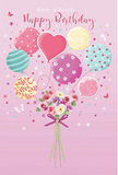 A whimsical birthday celebration seems to float across this illustration like a cluster of balloons above Paddington's rooftops. The scene is set against a soft pink background, gentle and inviting, with pastel balloons rising in a loose gathering from a petite bouquet at the base. Each balloon glows in tones of blush pink, mint green, lemon yellow, and lavender, decorated with lively patterns that give them character: some spin with candy-coloured stripes, others bloom with polka dots and tiny starbursts, and one heart-shaped balloon radiates affectionate warmth at the centre. Below, the bouquet is hand-tied and compact, filled with delicate roses and anemone-like blossoms in creamy ivory, blush, and gentle mauve. The petals appear soft and feathery, layered in a way that suggests fullness and freshness, as if they had just been arranged by experienced hands in a Paddington flower shop preparing local birthday deliveries. A violet satin bow wraps neatly around the stems, its sheen catching the same imagined light that highlights the balloons above. Sprinkled throughout the composition are tiny stars and fluttering butterflies, adding a touch of fairy-tale wonder and making the entire scene feel like a moment suspended in time-a birthday wish hanging in the air. The atmosphere is light, sweet, and quietly joyful, perfectly suited to a birthday greeting meant to make someone feel cherished, whether they're in a flat overlooking the canal or tucked into a side street near Lancaster Gate, knowing their special day has been honoured with thoughtful floral artistry.