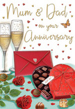 This illustrated anniversary card for Mum and Dad is composed like a romantic table setting in a chic Paddington flat, where every detail has been arranged to express warmth, appreciation, and a lifetime of shared moments. At the top of the scene, two graceful champagne flutes stand side by side, their stems long and slender, the glass bowls gently curving to hold a soft golden champagne. Fine bubbles rise through the liquid, catching the light in tiny sparks that suggest a well-earned toast is about to be shared. Below them, a heart-shaped box of chocolates in deep, luxurious red provides a rich focal point. A broad satin bow crowns the lid, its loops and flowing tails meticulously shaded to suggest silkiness. The lid is open, revealing a tempting selection of truffles - each chocolate rounded, with carefully placed highlights that hint at glossy shells and smooth fillings. To one side, two lush red roses lie on the surface, accompanied by fresh green leaves. Their velvety petals are layered in tight spirals at the centre, unfurling into softer, ruffled edges, echoing the quality of blooms you might receive from a seasoned Paddington florist offering same-day anniversary delivery around Lancaster Gate. A handful of scattered chocolates and delicate gold and crimson hearts drift across the gentle background, surrounding the handwritten Mum & Dad message in a friendly, flowing script. Near the chocolates rests a bright scarlet envelope, sealed and waiting, suggesting a handwritten note filled with affection and treasured memories. The entire image is bathed in a warm, soft glow, reminiscent of evening lamplight filtering through Paddington's tall windows, creating an atmosphere of cosy celebration, tenderness, and enduring parental love.